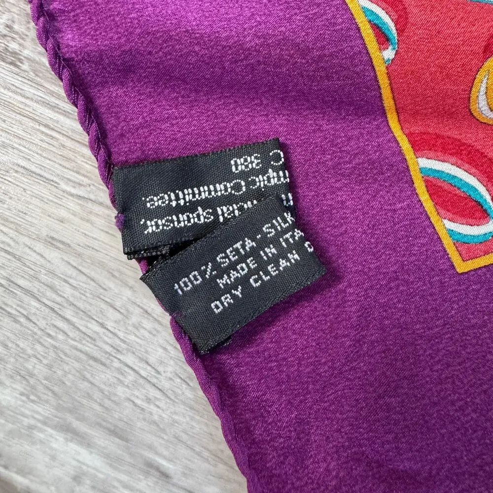 Vintage John Hancock Olympic Silk Scarf Purple Medal Print 33x33 Retro 80s 90s